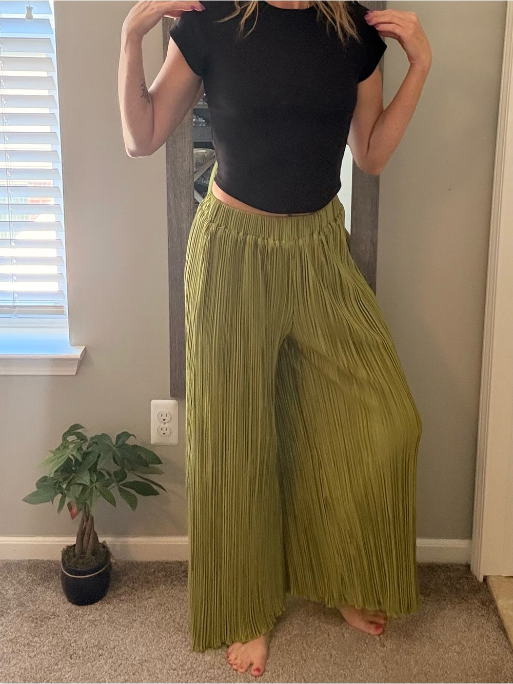 NWOT- Olive Green Shimmer Pleated Wide-Leg Pants
